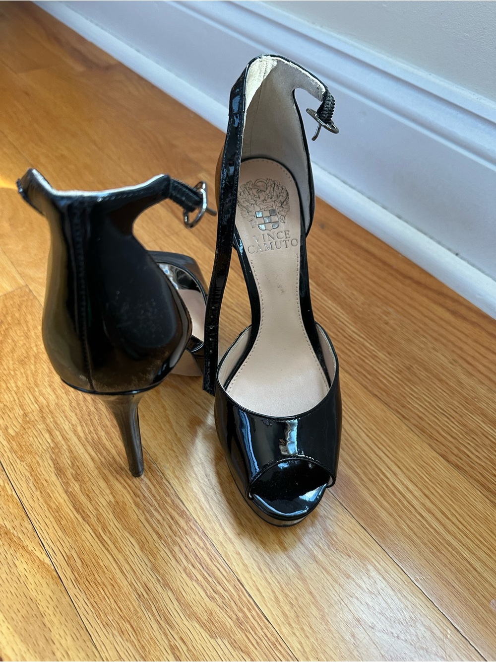 Vince Camuto Black Patent Peep-Toe Ankle-Strap Heels